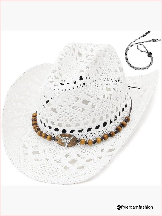 Straw Cowgirl Hat Woven Hollow Out Wide Brim Sun Hat with Chin Strap main image 5